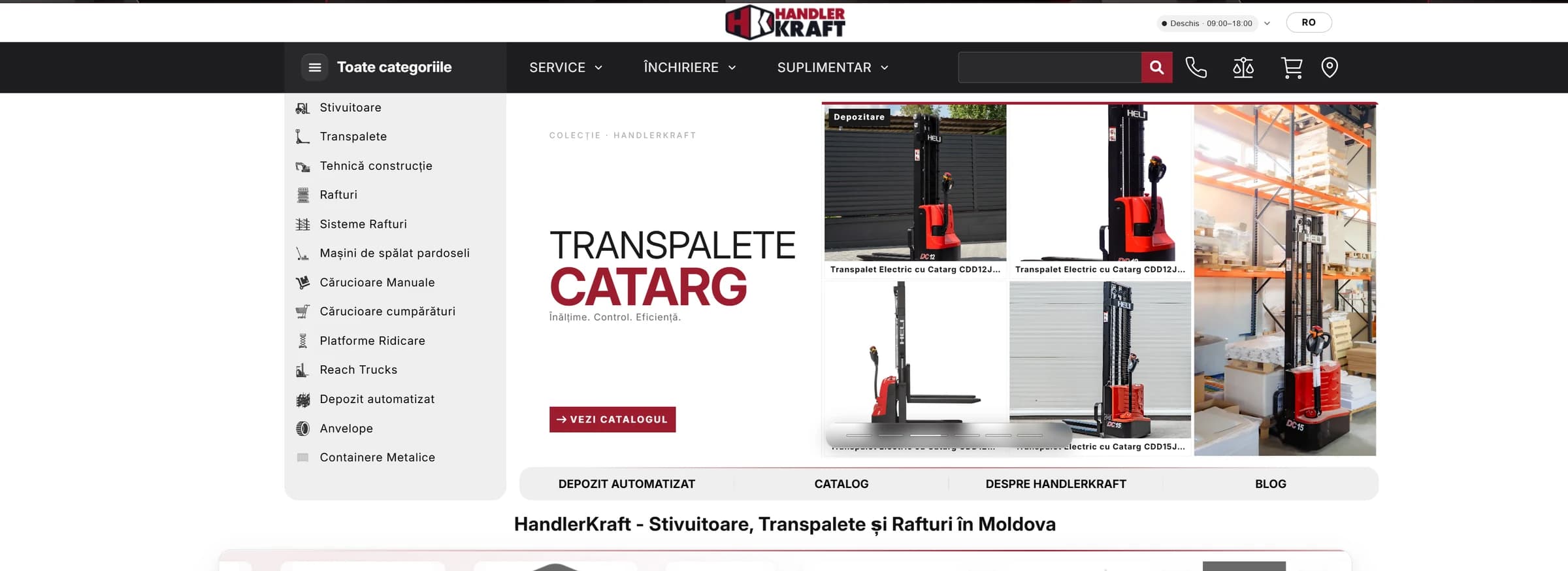 Pagina principală a magazinului HandlerKraft, cu bannerul hero 'Transpalete Catarg' și navigarea pe categorii
