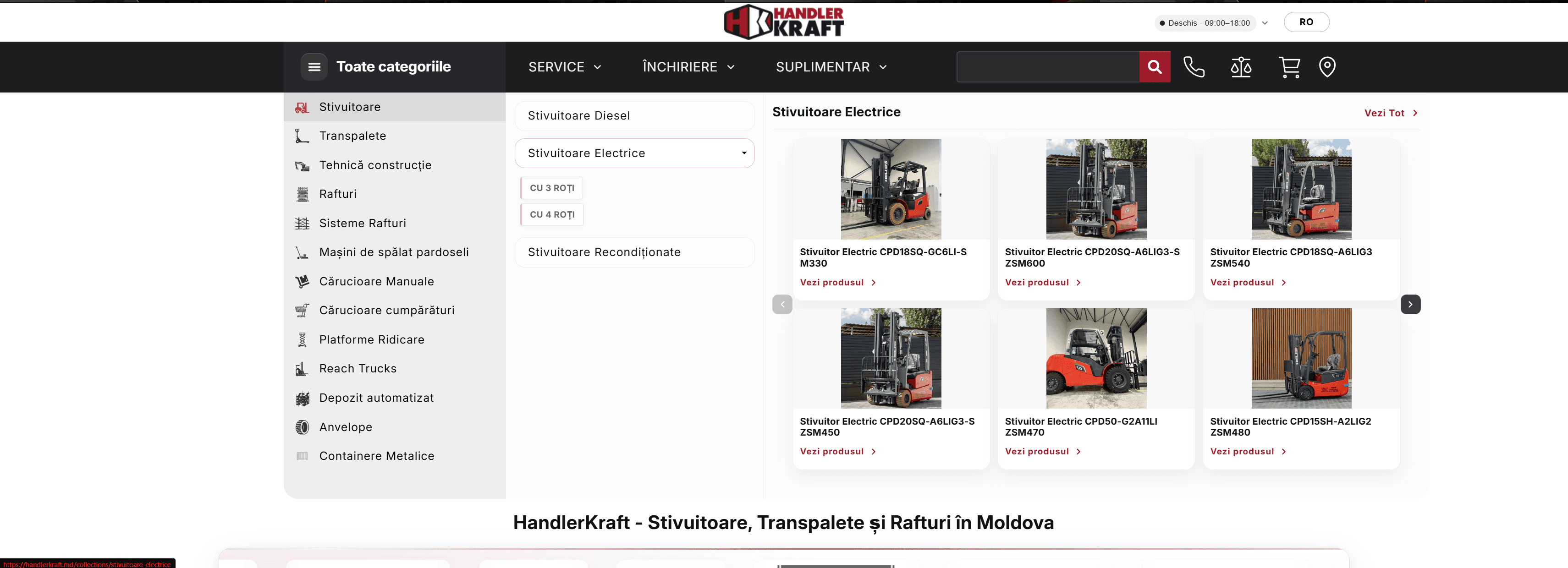 HandlerKraft electric-forklift collection page with category filters and product cards