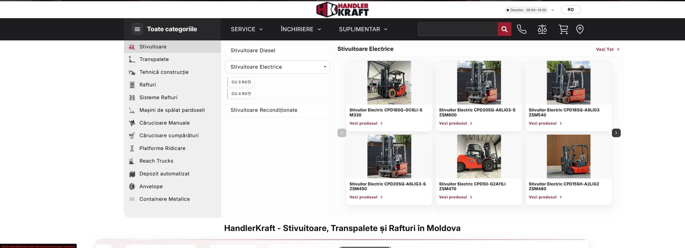 Pagina colecției de stivuitoare electrice HandlerKraft, cu filtre pe categorii și carduri de produs