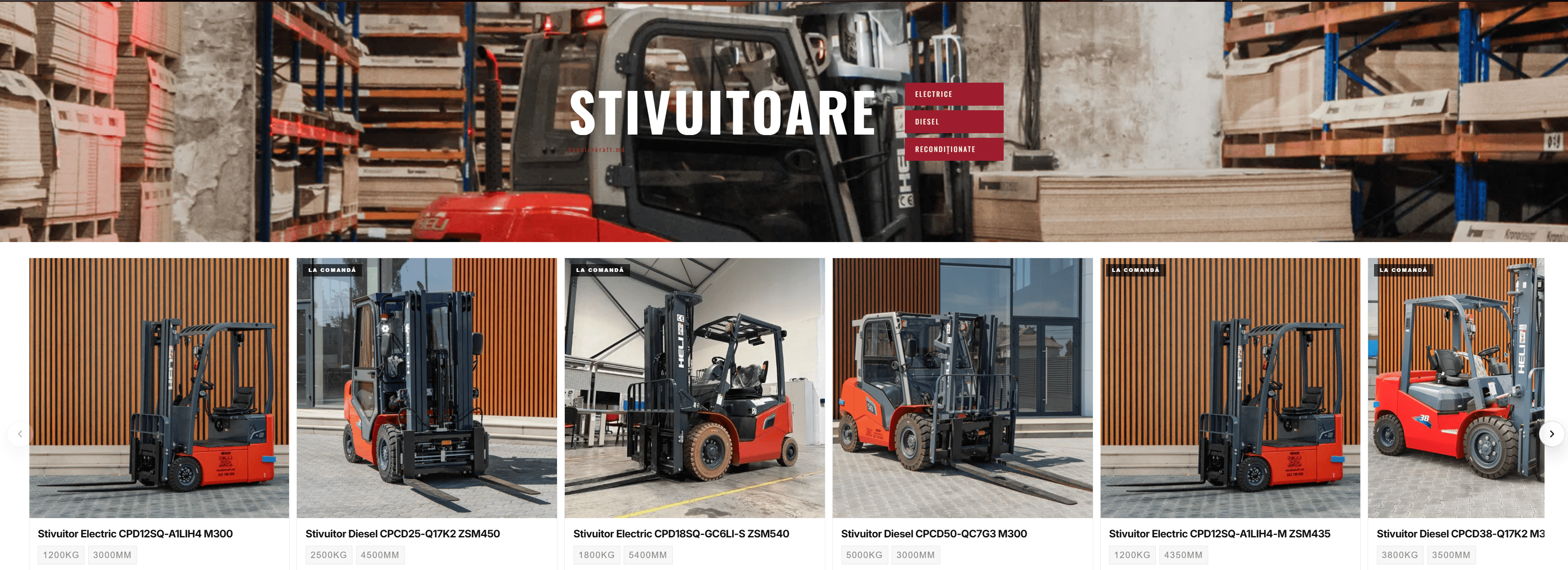 HandlerKraft 'Stivuitoare' (forklifts) collection with a warehouse hero banner and a product row