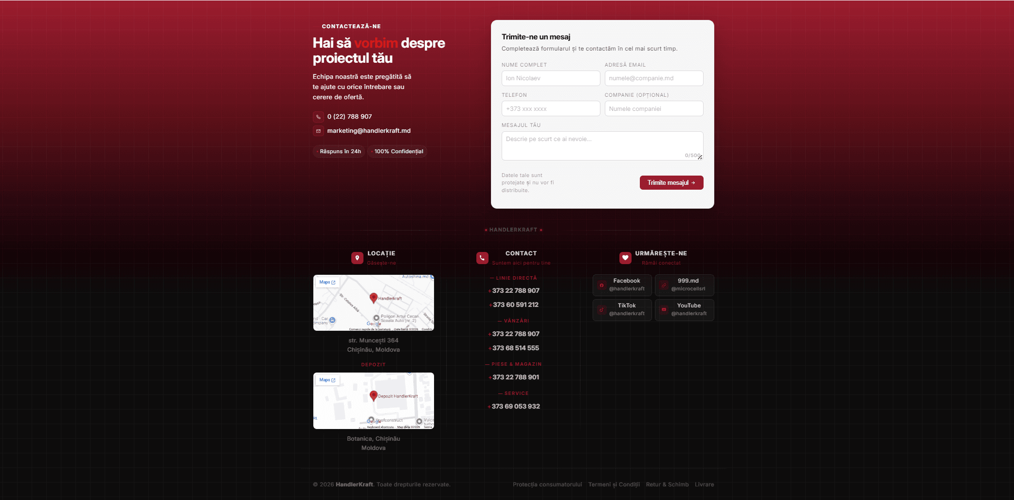 HandlerKraft contact page — branded enquiry form, location maps and contact channels