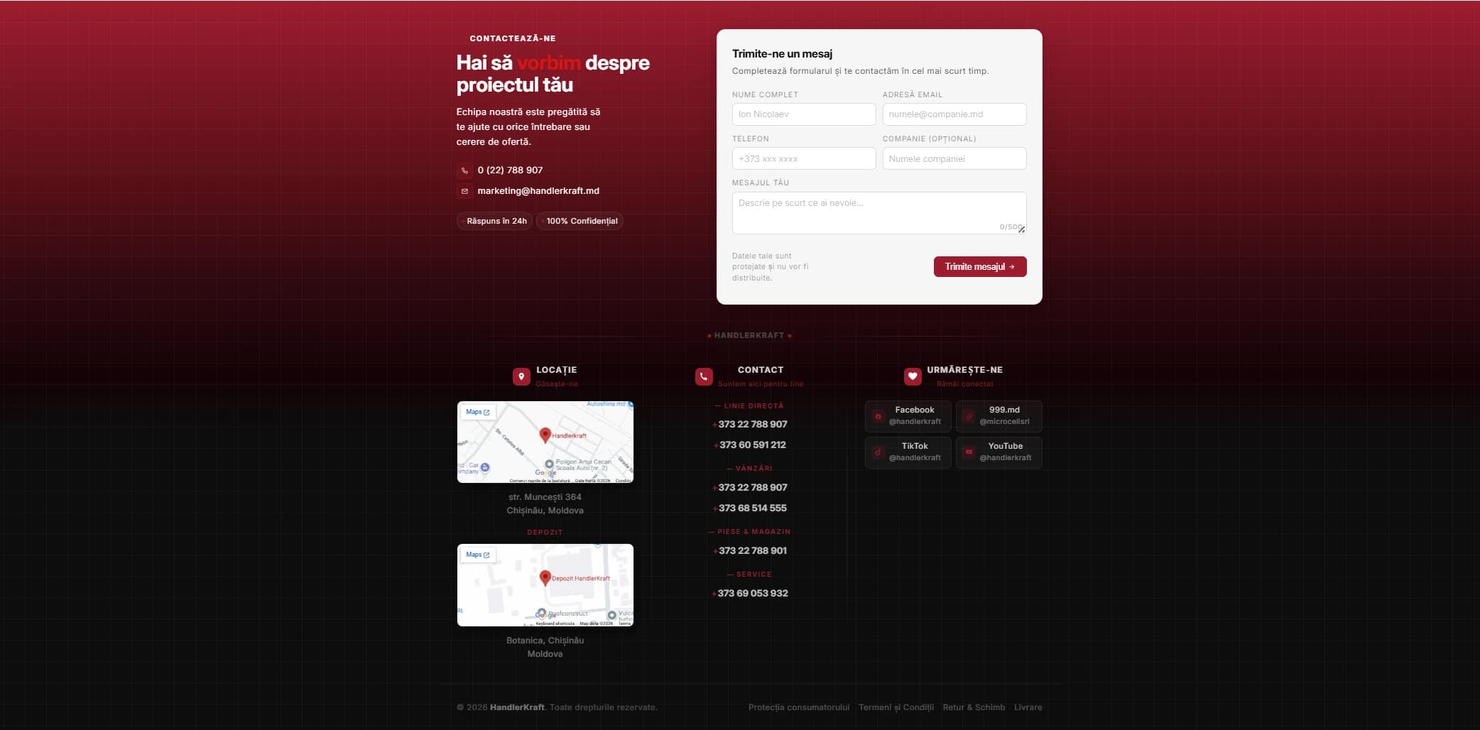 Pagina de contact HandlerKraft — formular de solicitare în stilul brandului, hărți cu locații și canale de contact
