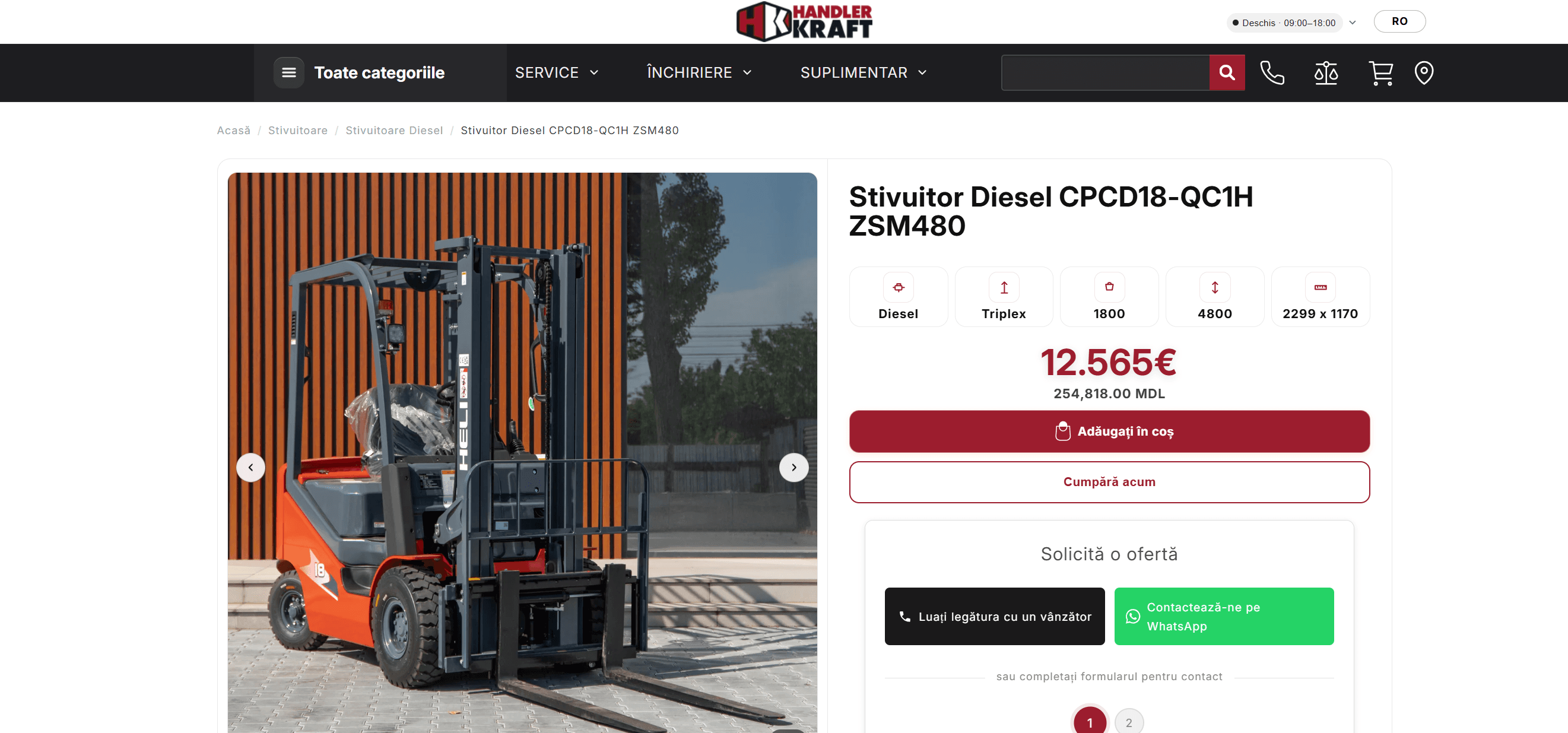 HandlerKraft product page for a diesel forklift, showing specs, EUR/MDL pricing and add-to-cart