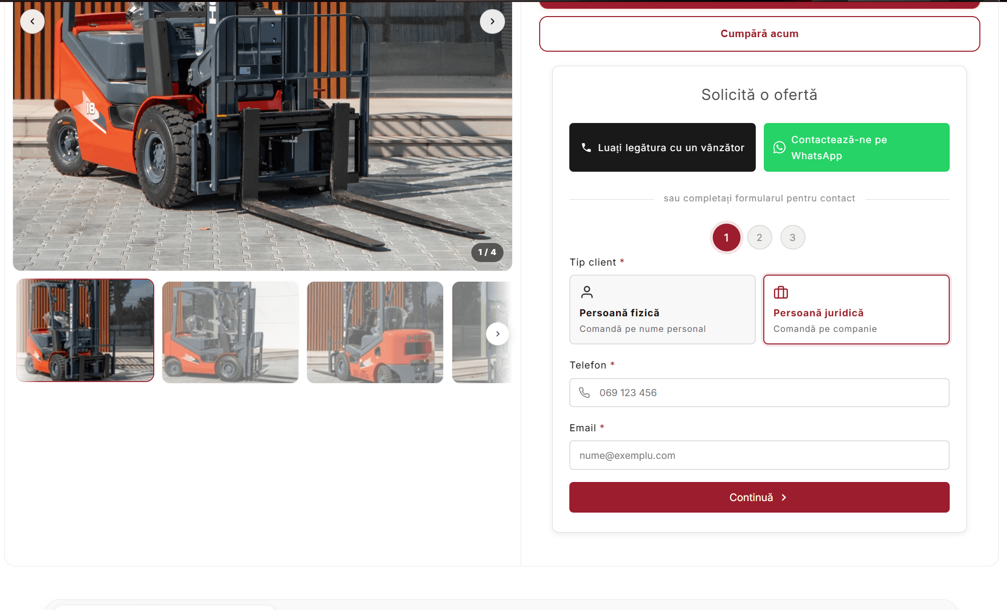 HandlerKraft custom quote form — client type, phone and email steps on a product page