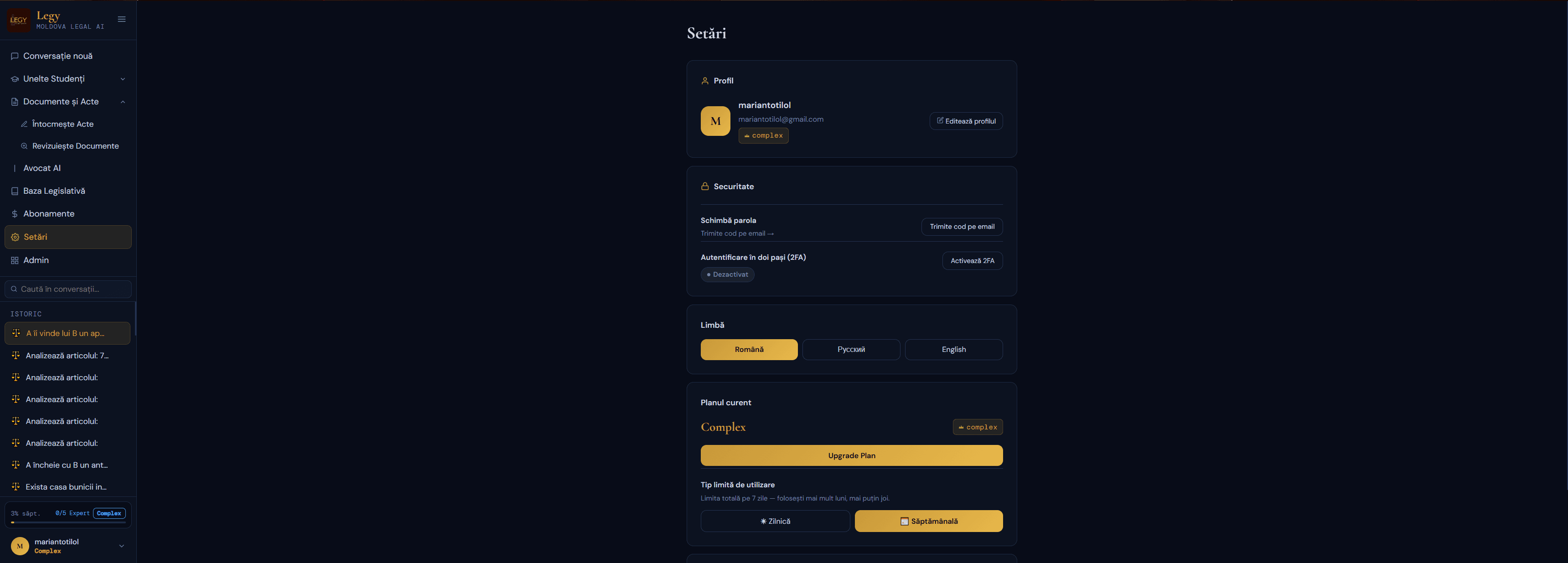 Legy account settings — profile, security, two-factor authentication, language (RO/RU/EN) and current plan