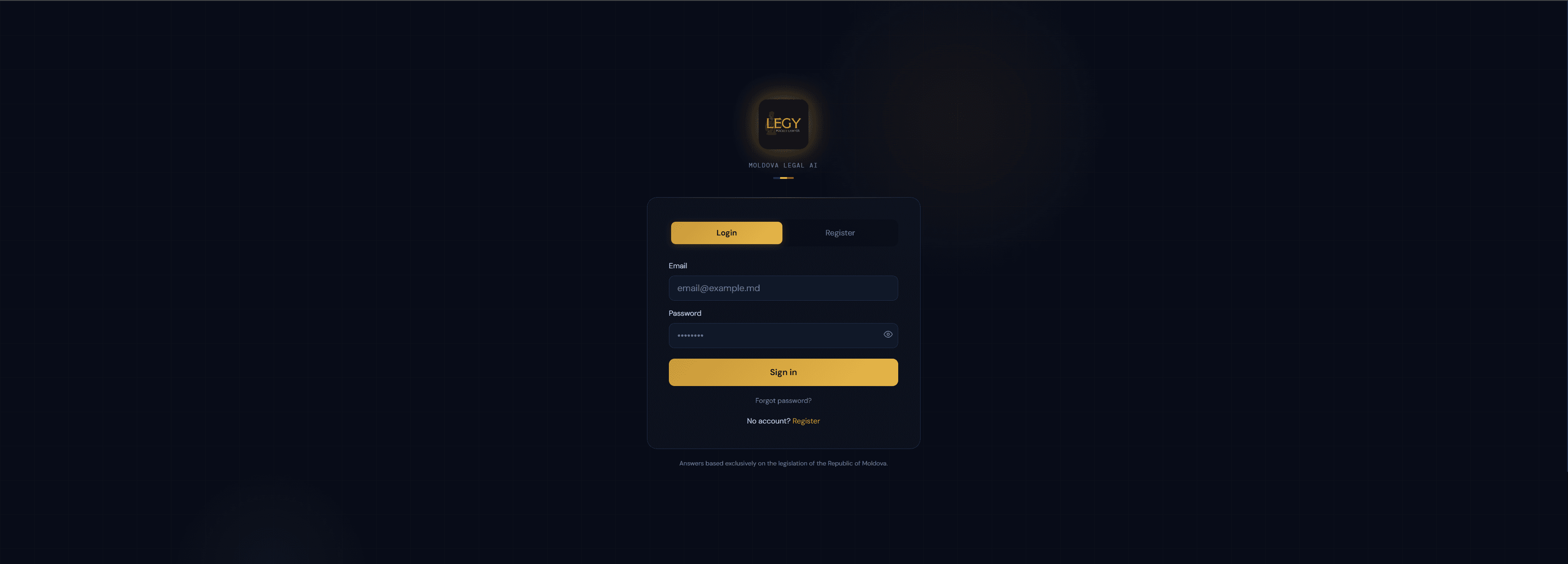 Legy login and registration screen, grounded exclusively in Republic of Moldova legislation