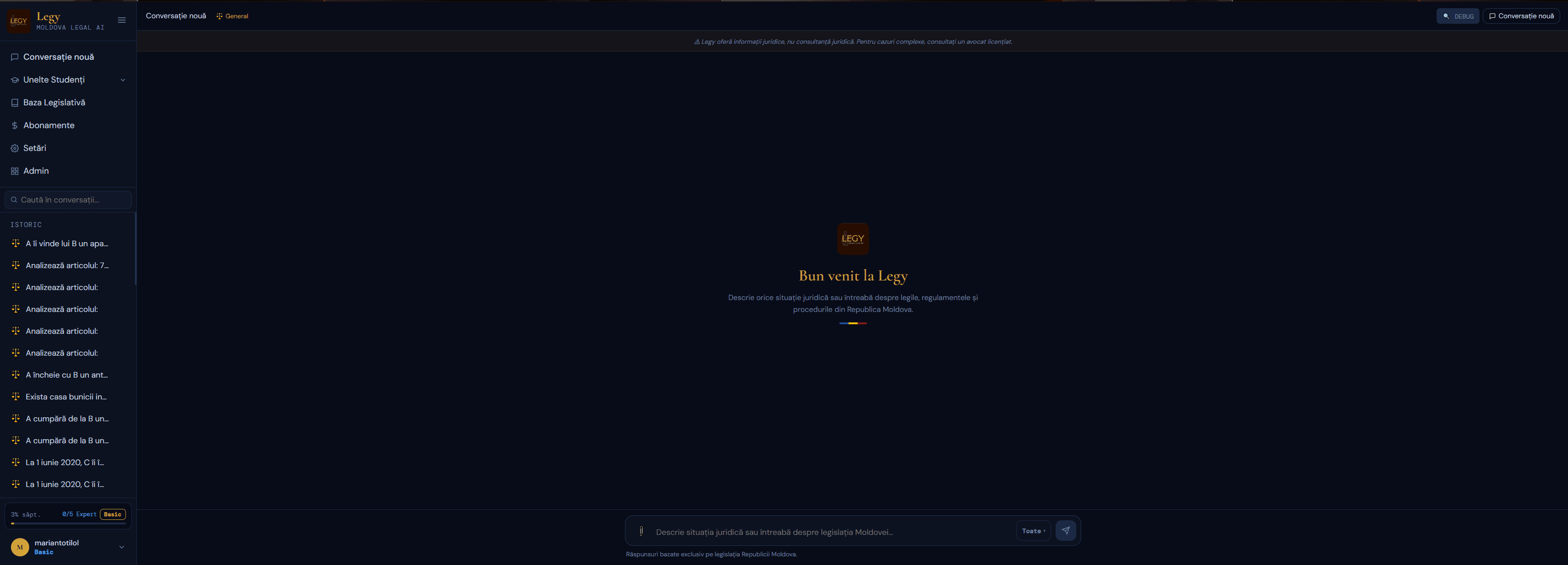 Legy chat dashboard with conversation-history sidebar and the 'Welcome to Legy' new-conversation screen
