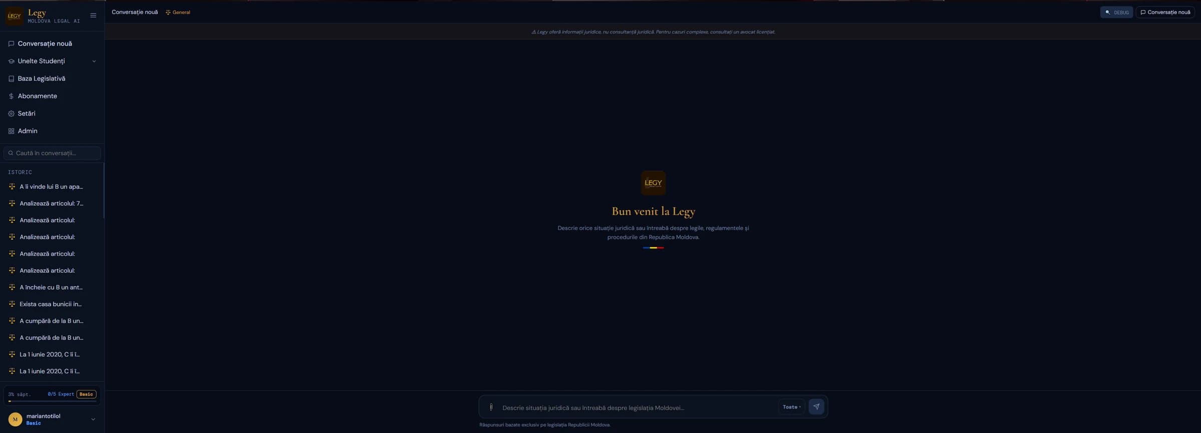 Panoul de chat Legy, cu bara laterală pentru istoricul conversațiilor și ecranul de conversație nouă 'Welcome to Legy'