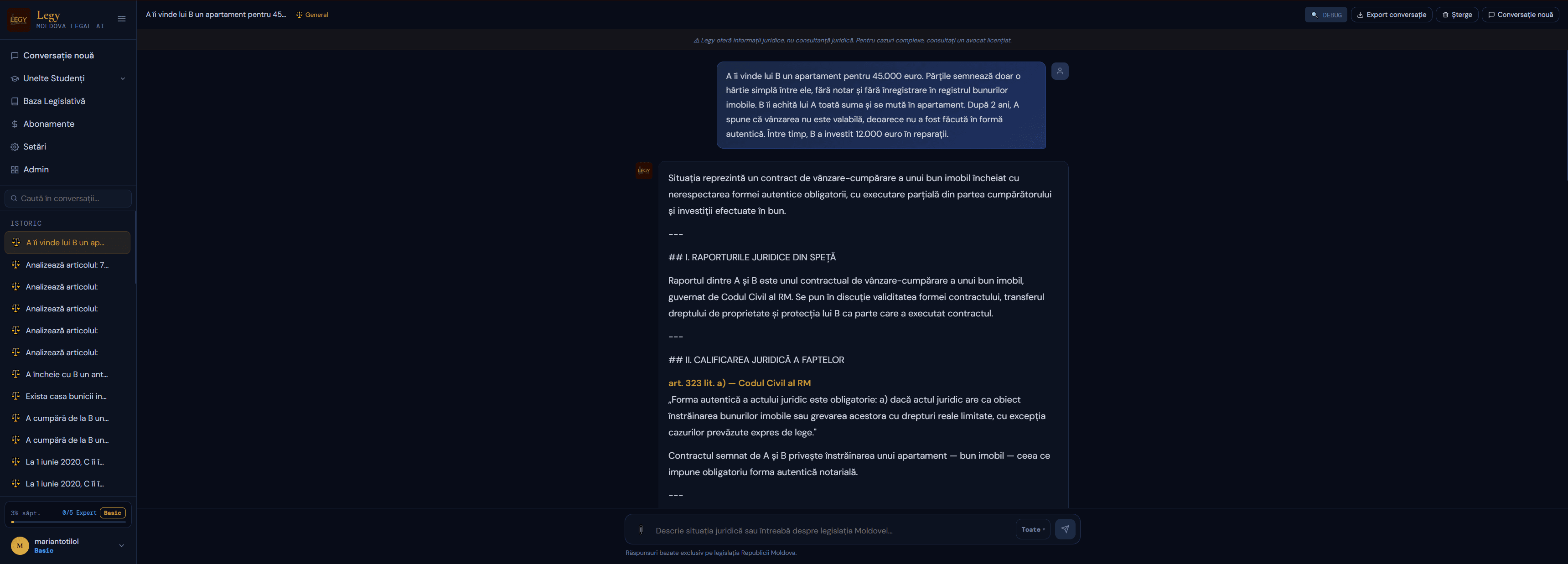 A legal Q&A in Legy: a structured answer on an apartment sale, citing specific Moldovan Civil Code articles