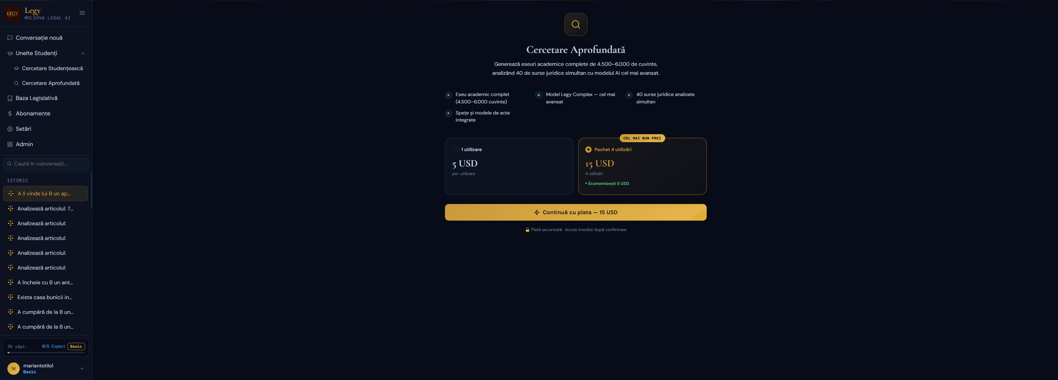 Legy 'Deep Research' academic essay generator — pricing and checkout for a long-form legal essay