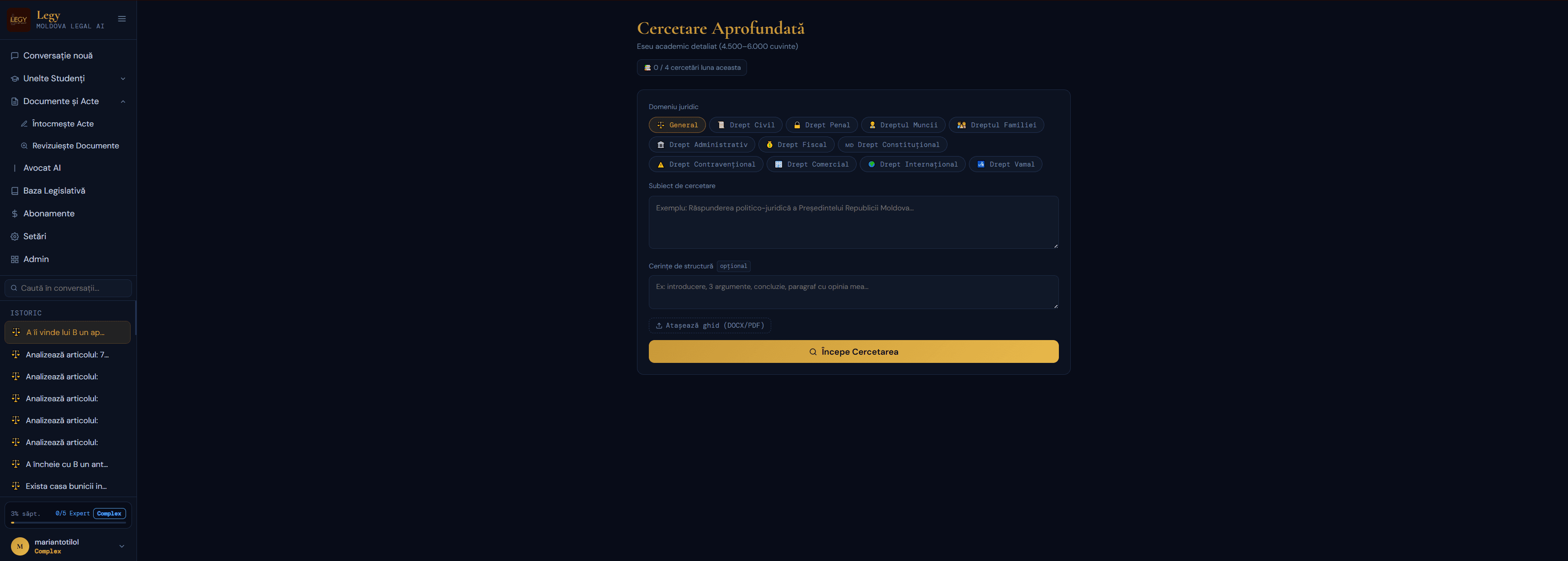 Legy 'Deep Research' form with Moldovan legal-domain categories (civil, criminal, labor, tax…) and an essay-topic input