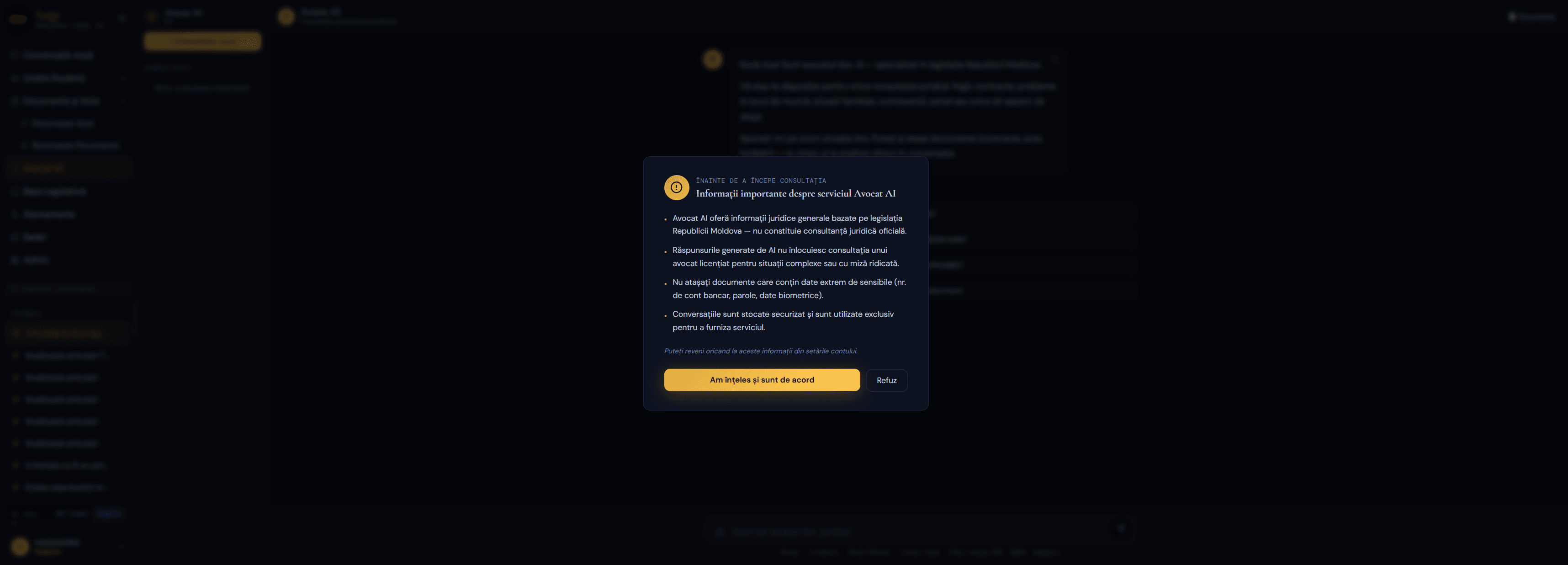 Avocat AI consent dialog explaining the assistant provides legal information grounded in Moldovan law