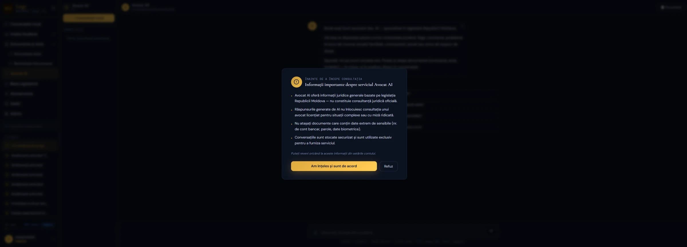 Dialogul de consimțământ Avocat AI, care explică faptul că asistentul oferă informații juridice bazate pe legislația Republicii Moldova