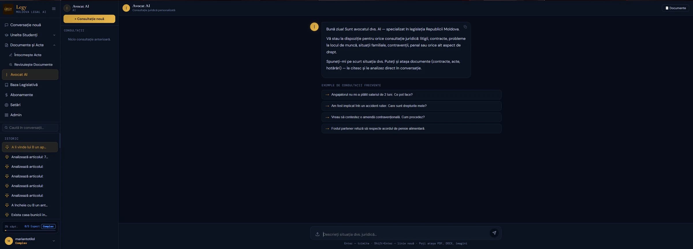 Chatul de consultanță Avocat AI — specialist în legislația Republicii Moldova, cu exemple de consultații recente