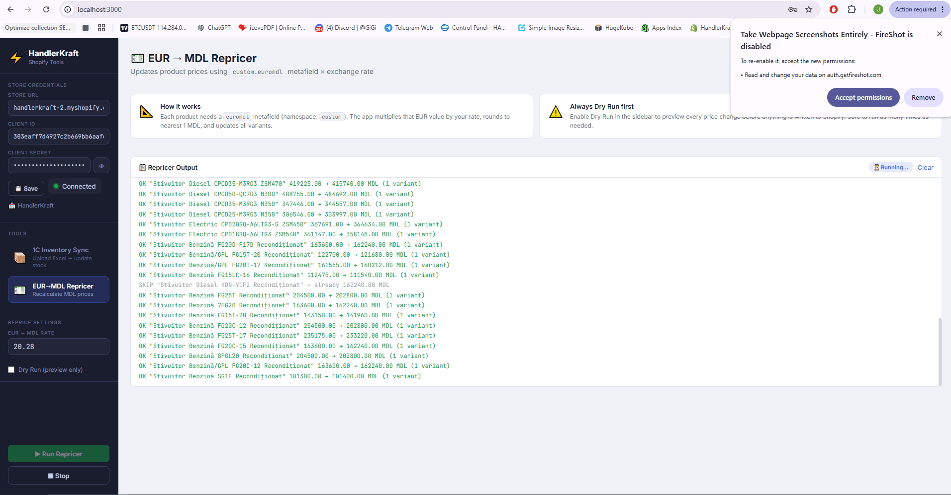 Repricer live output listing each product's old and new MDL price