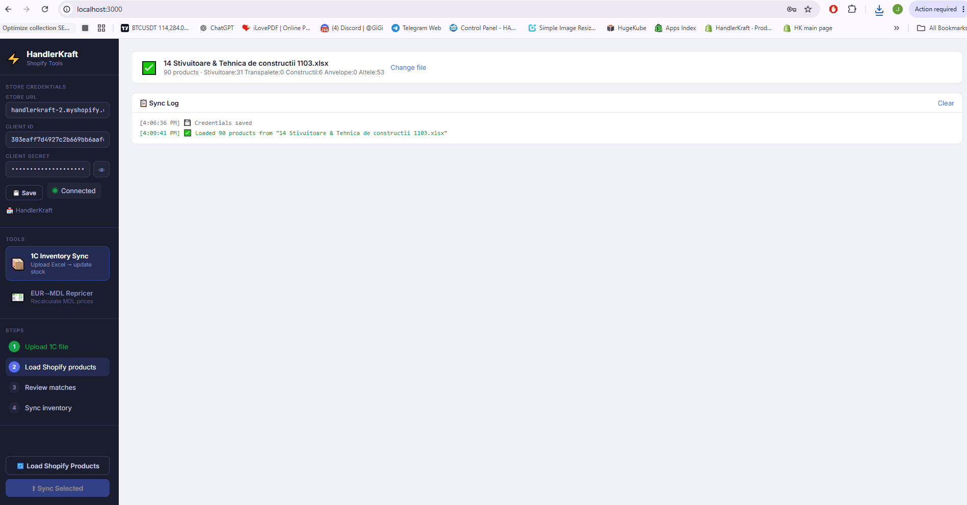 1C Restocker after parsing the export — 90 products detected (forklifts, construction tech and more) in the sync log