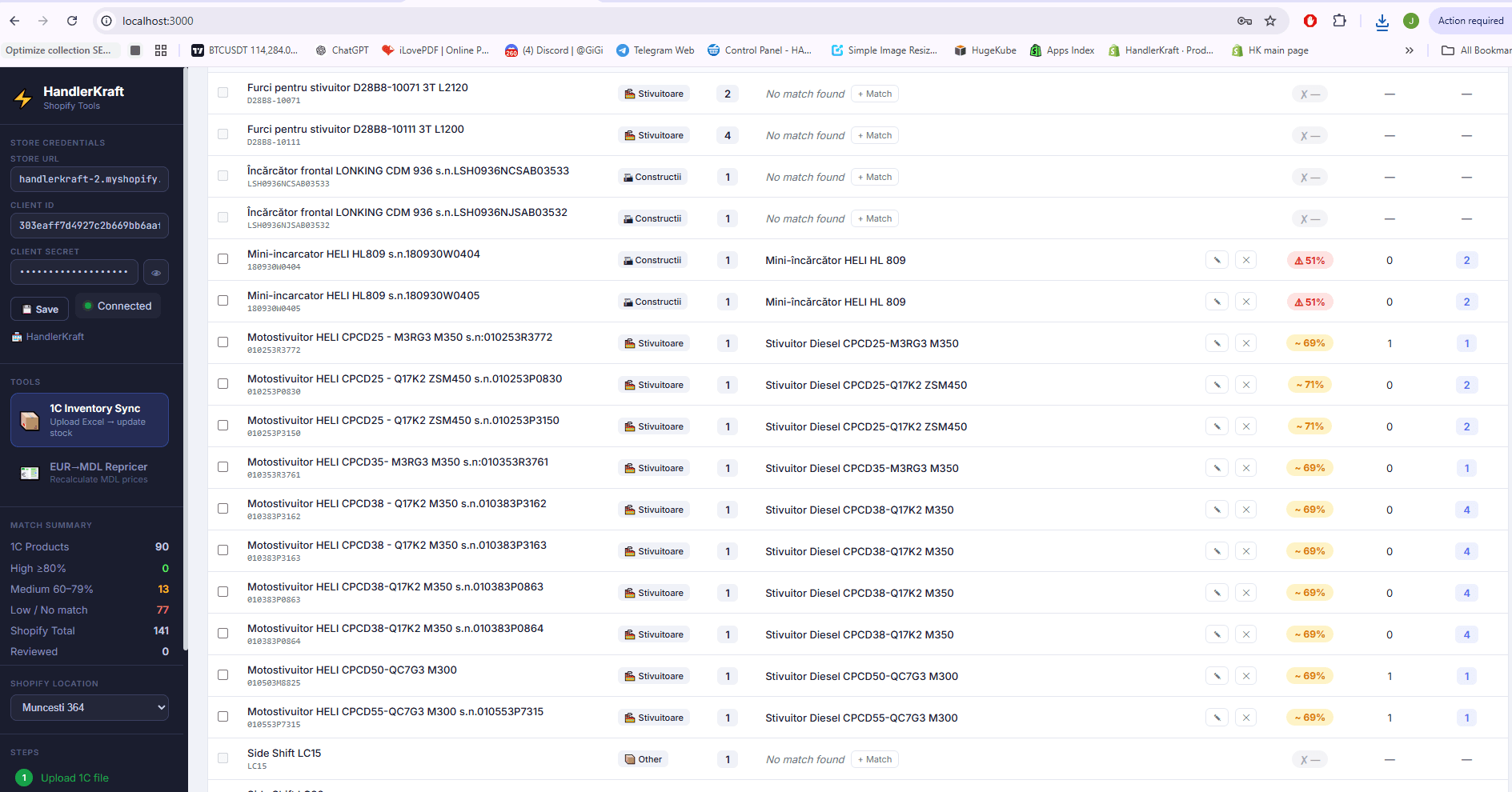 1C Restocker review-matches table mapping 1C rows to Shopify products with match status and quantities