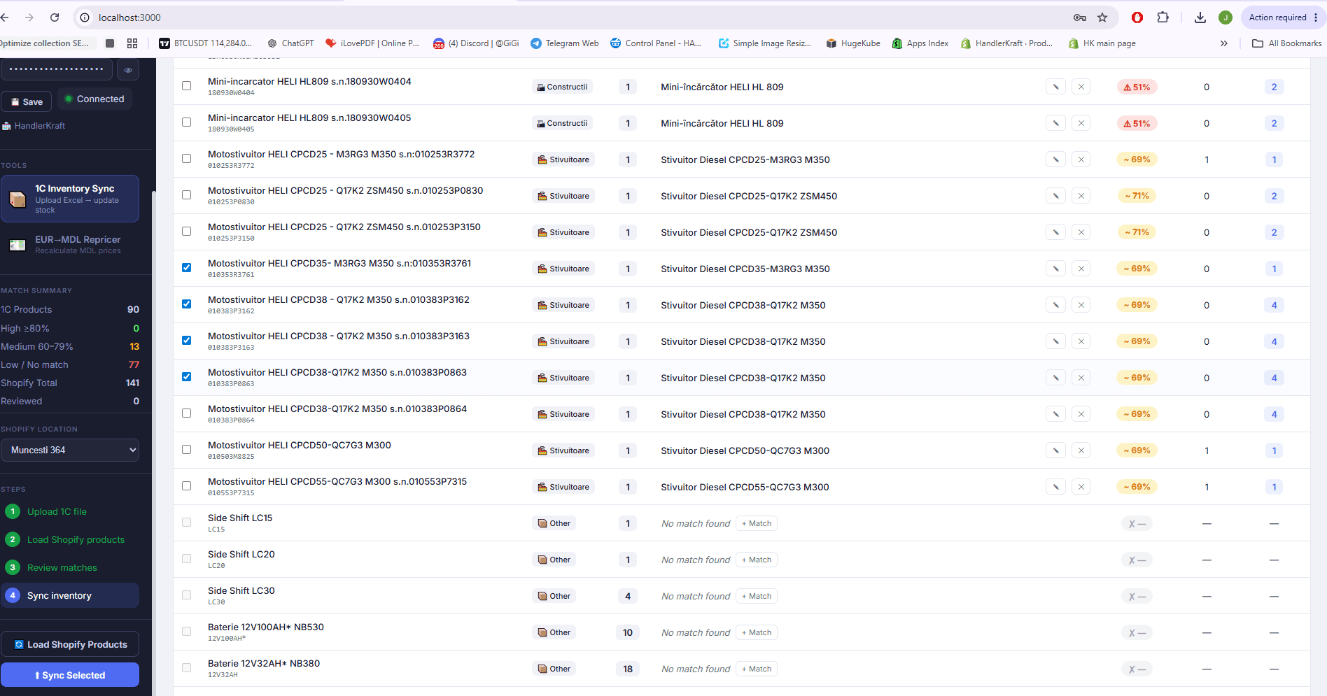 1C Restocker sync step — selected products ready to push updated stock to Shopify