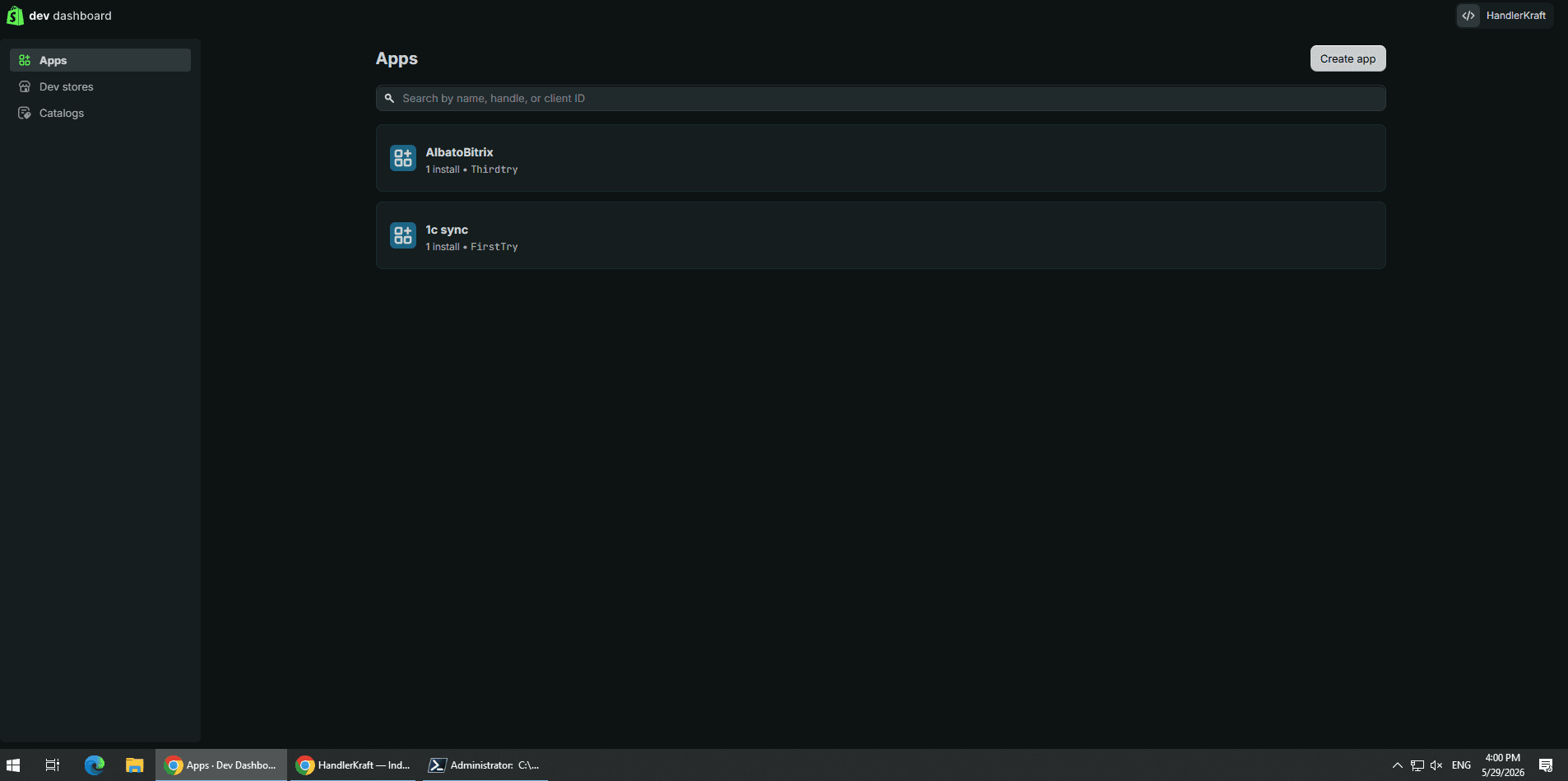 Shopify dev dashboard showing the custom apps (1c sync) that back the inventory tool's API access