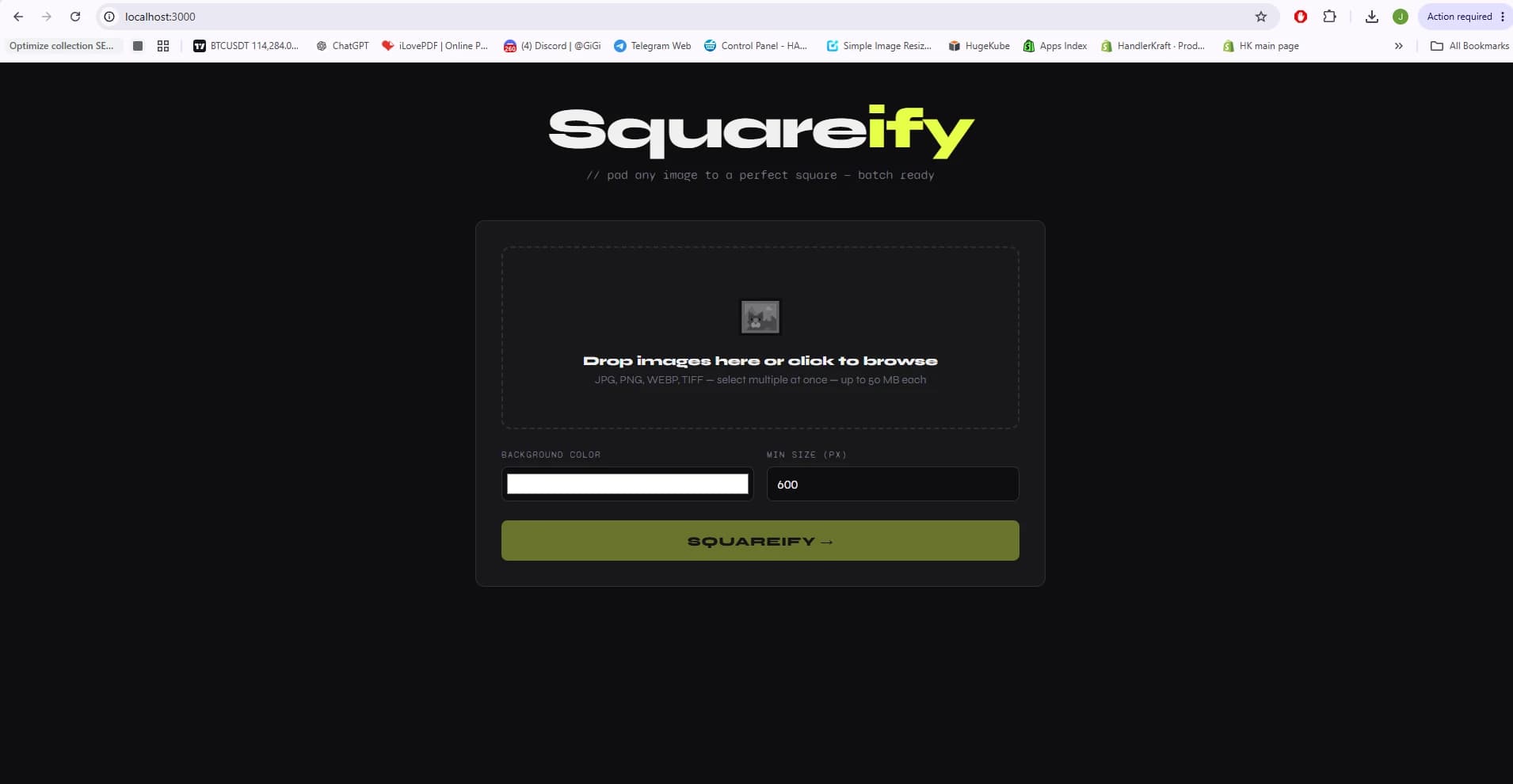 Squareify home — drop zone to pad any image to a perfect square, with background-color and minimum-size controls