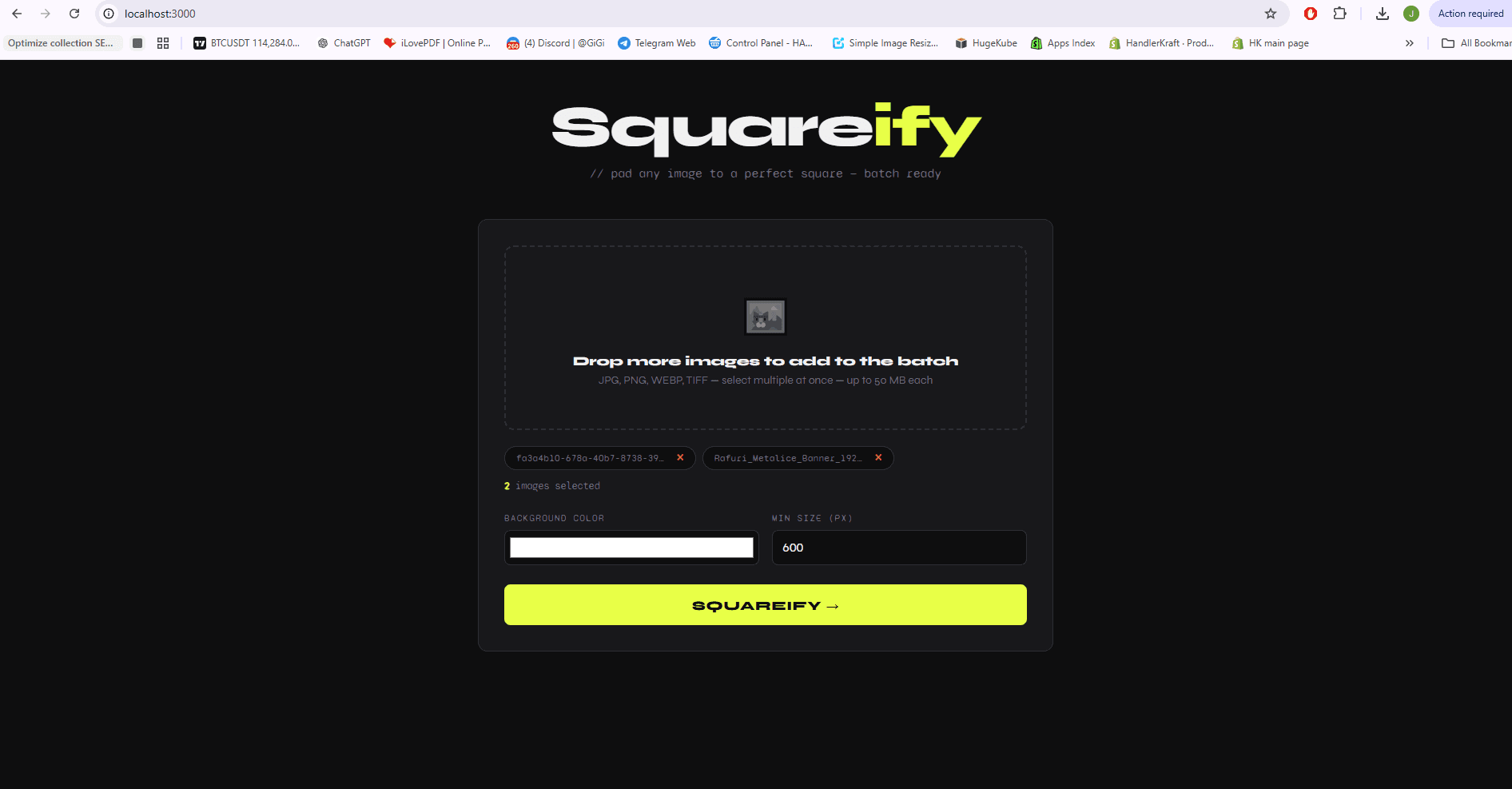 Squareify with two images queued for batch processing and the lime 'Squareify' action button