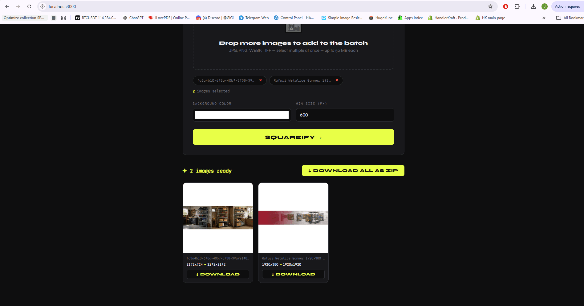 Squareify results — squared images with before/after dimensions and a 'Download all as ZIP' option